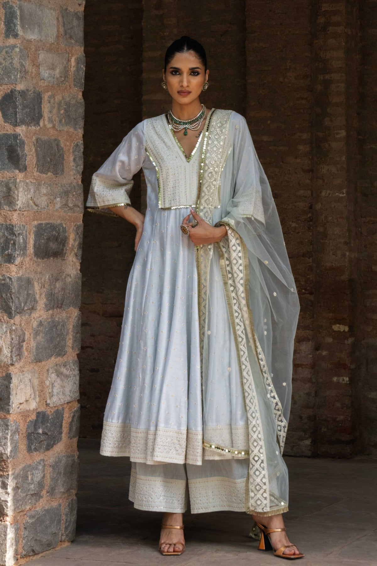 Big Border Ice Blue Anarkali Set