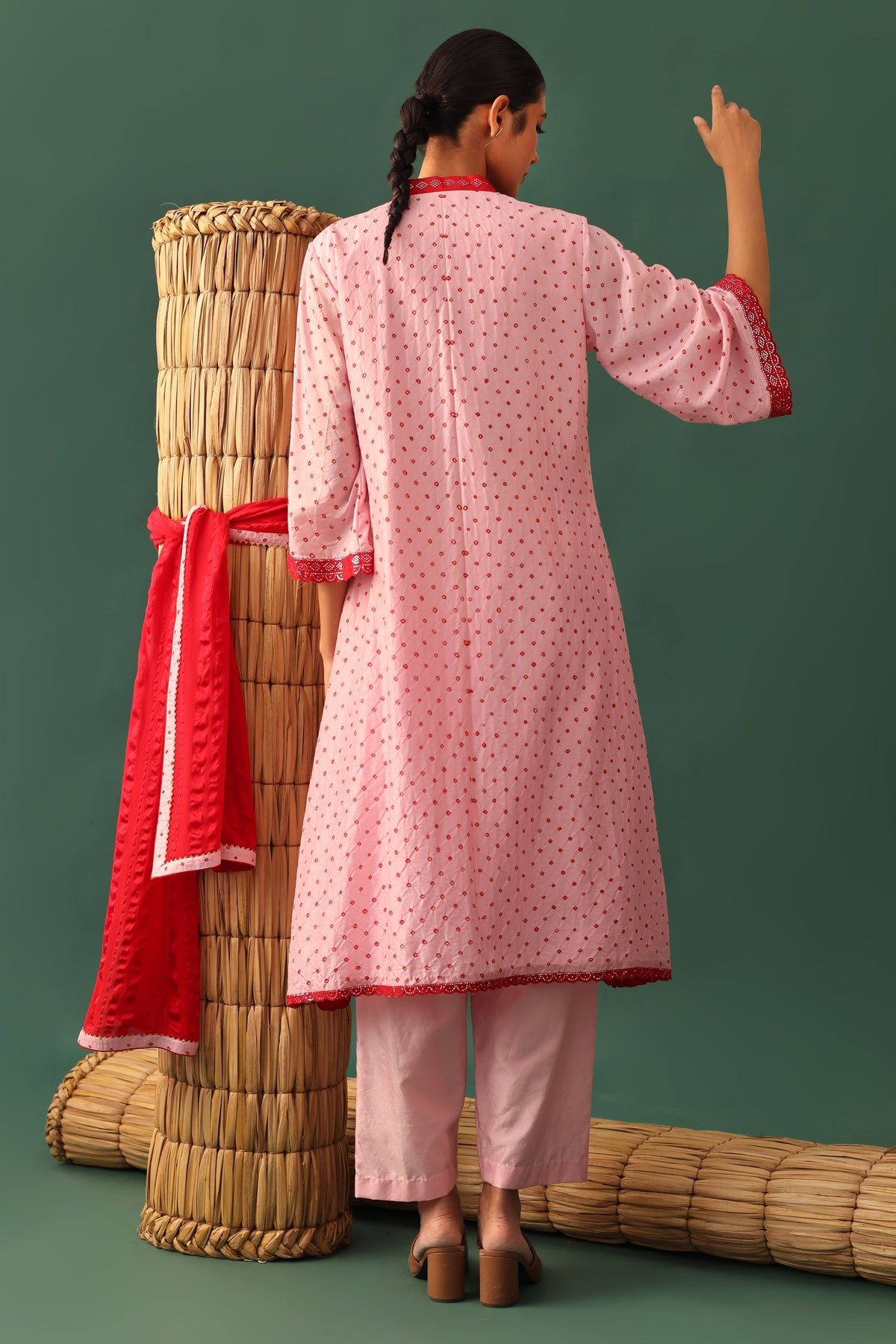 Pink Bandhani Mirror Work Kurta Set