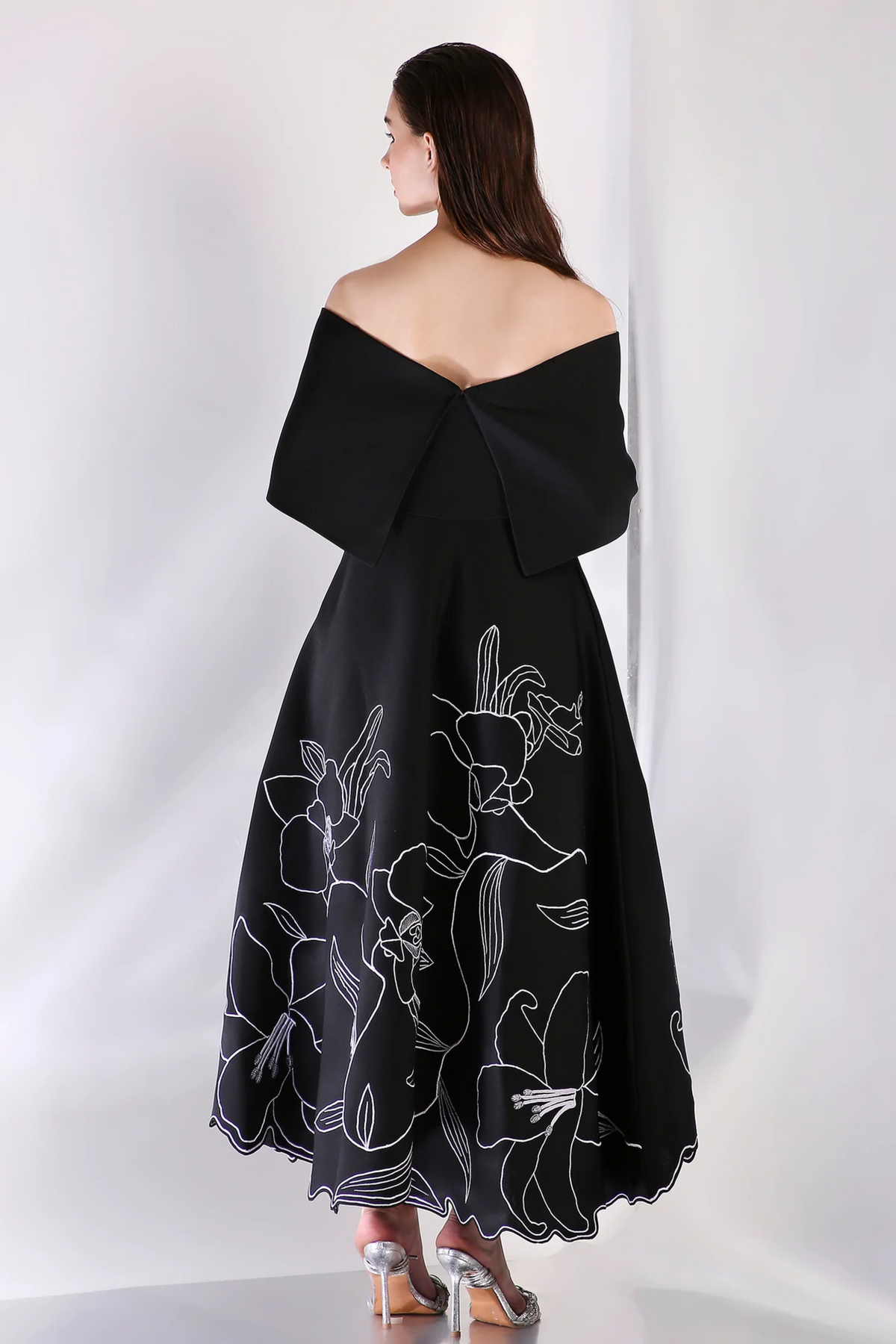Black Embroidered Wave Wrap Dress