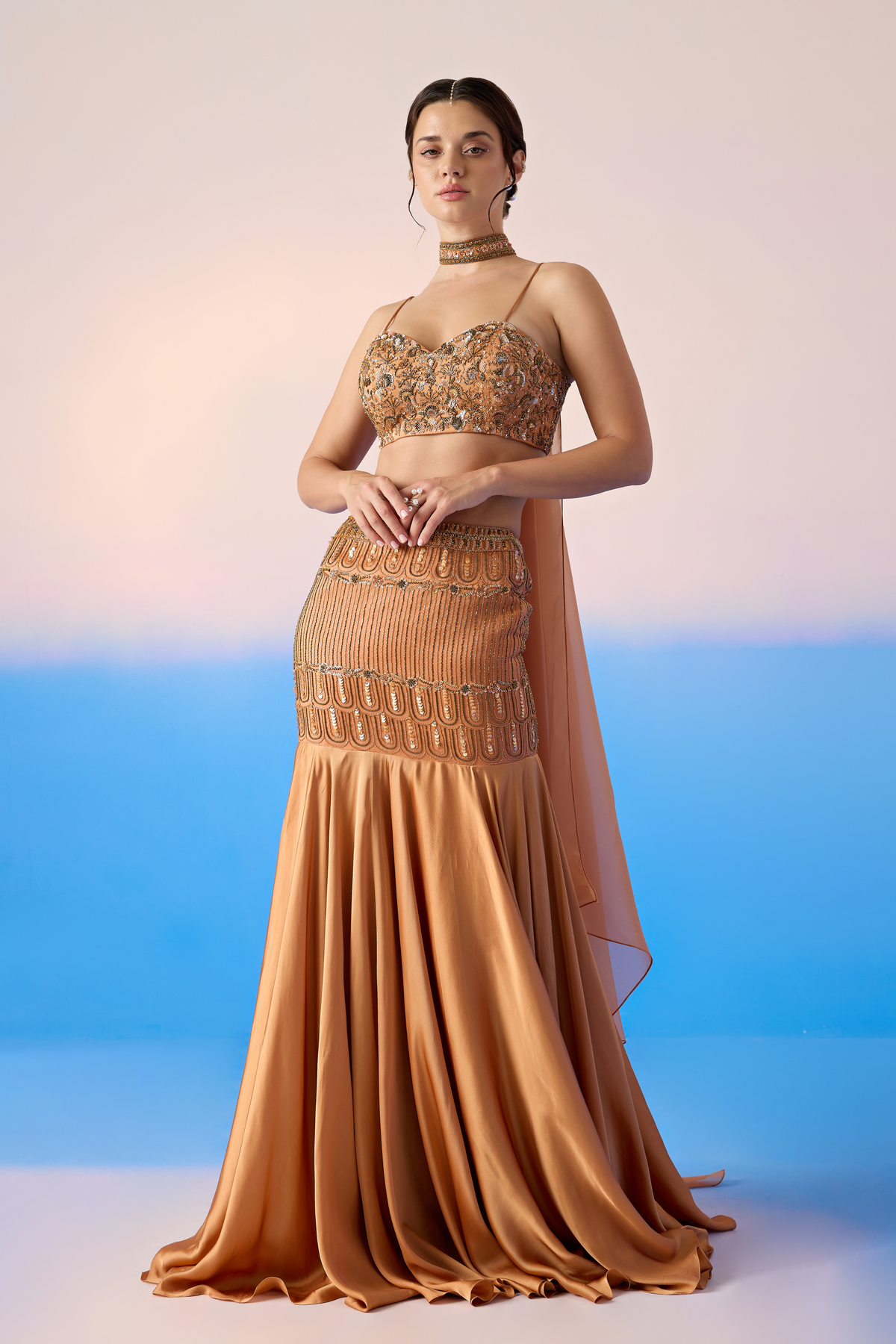 Salmon Embroidered Lehenga Set