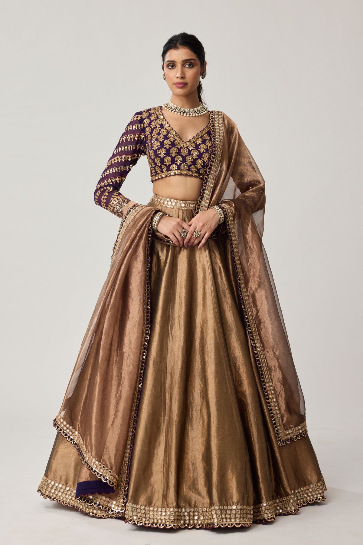 Copper Tissue Mughal Lehenga Set