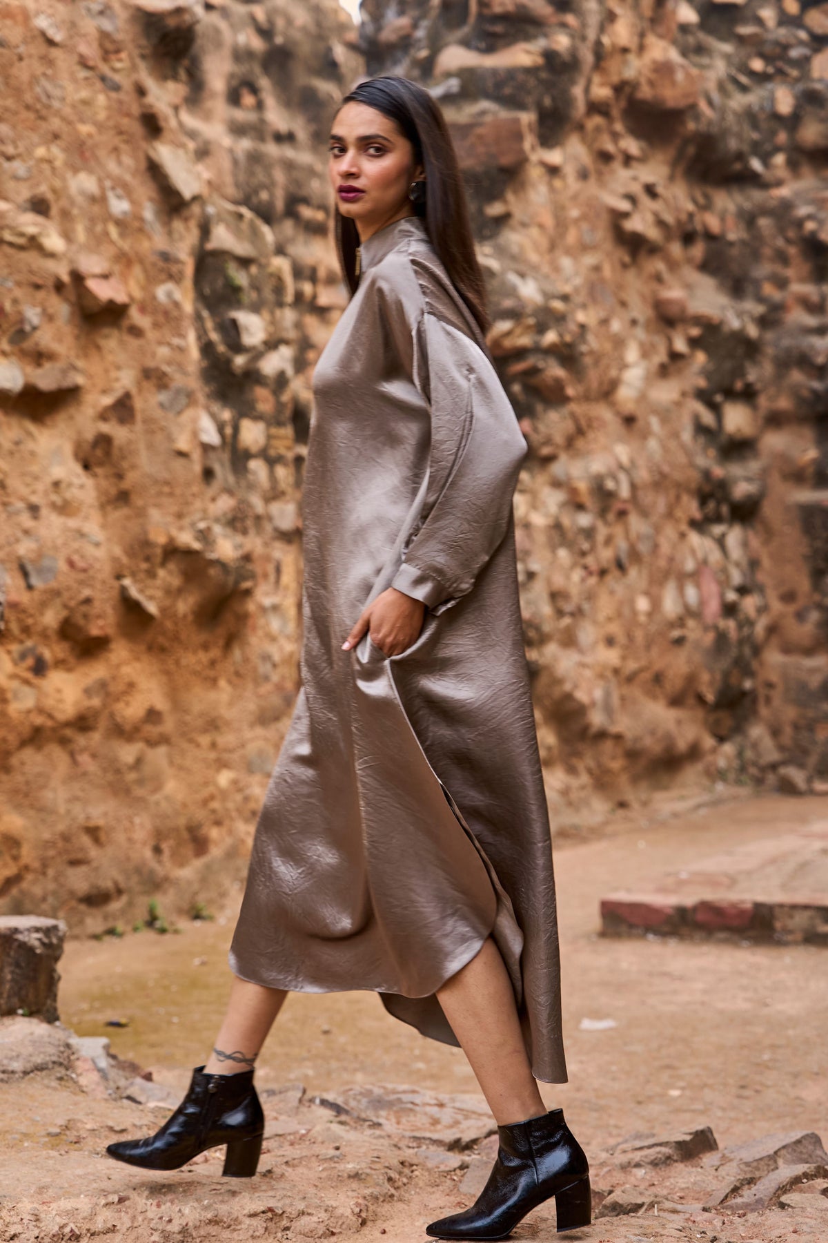 Grey Zip Neck Midi Dress