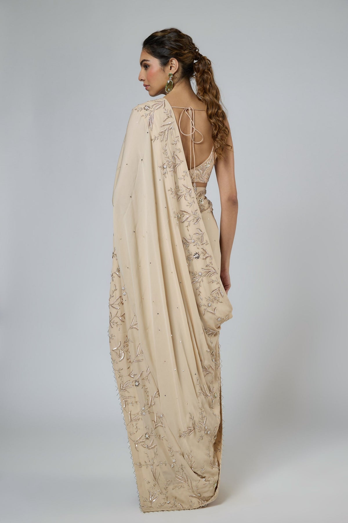 Beige Floral Draped Saree Set