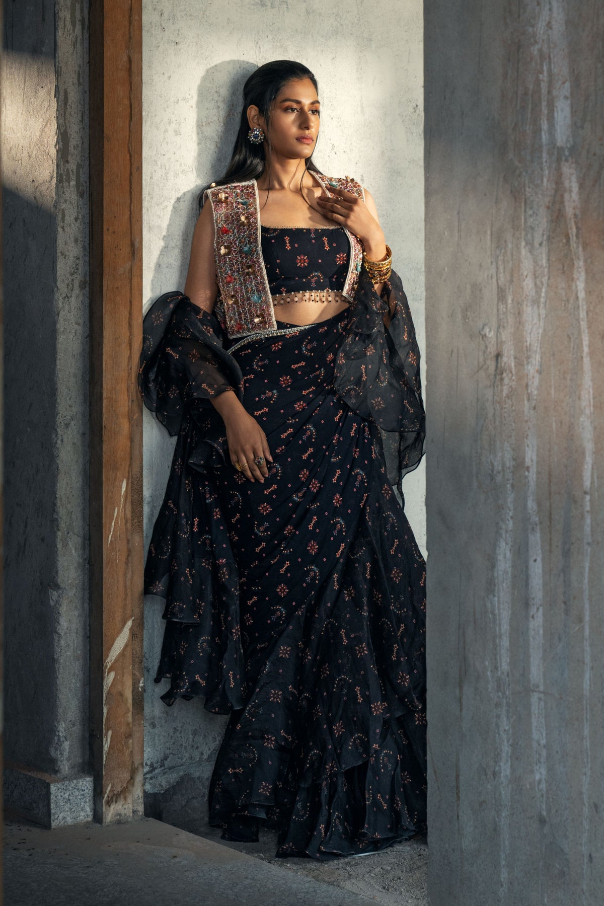 Midnight Black Buta Prestitched Saree