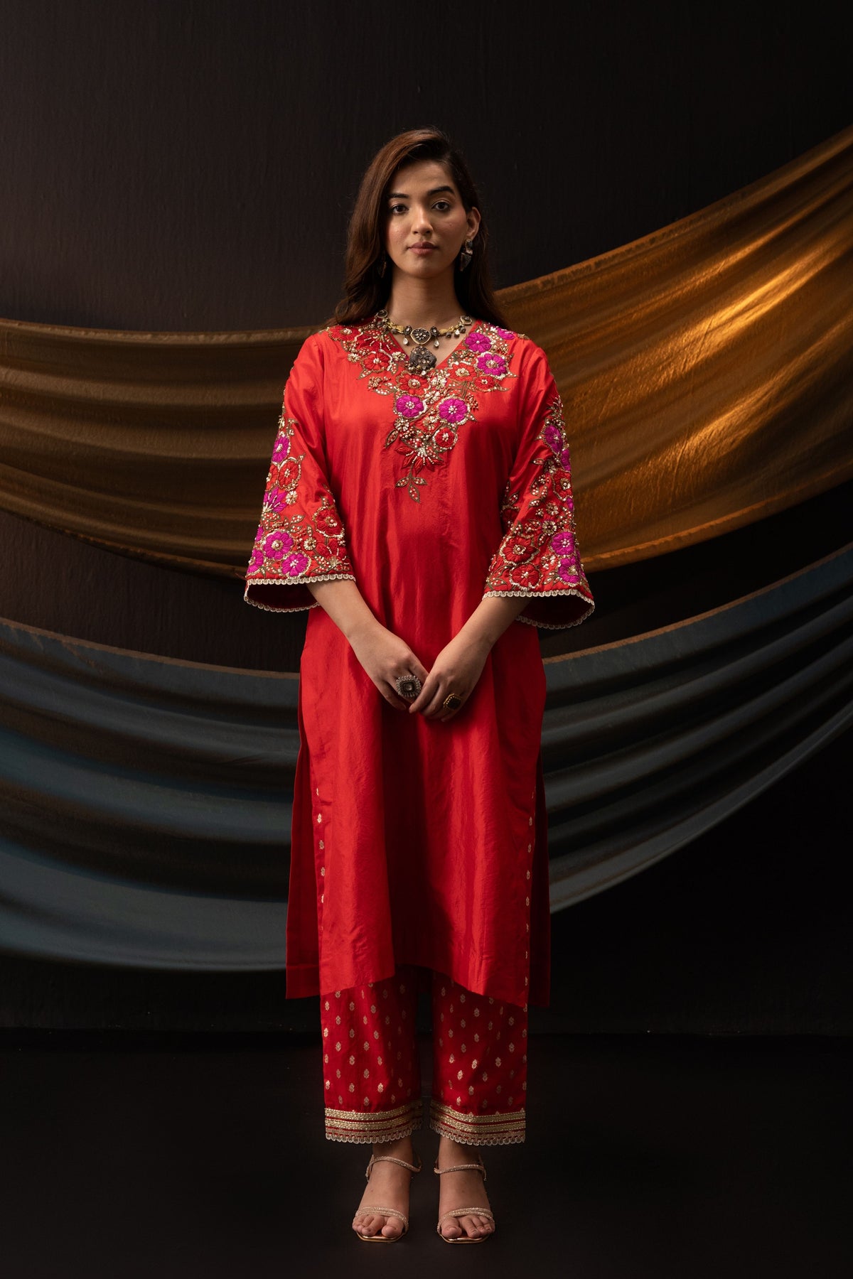 Red 3D Floral Kurta Set