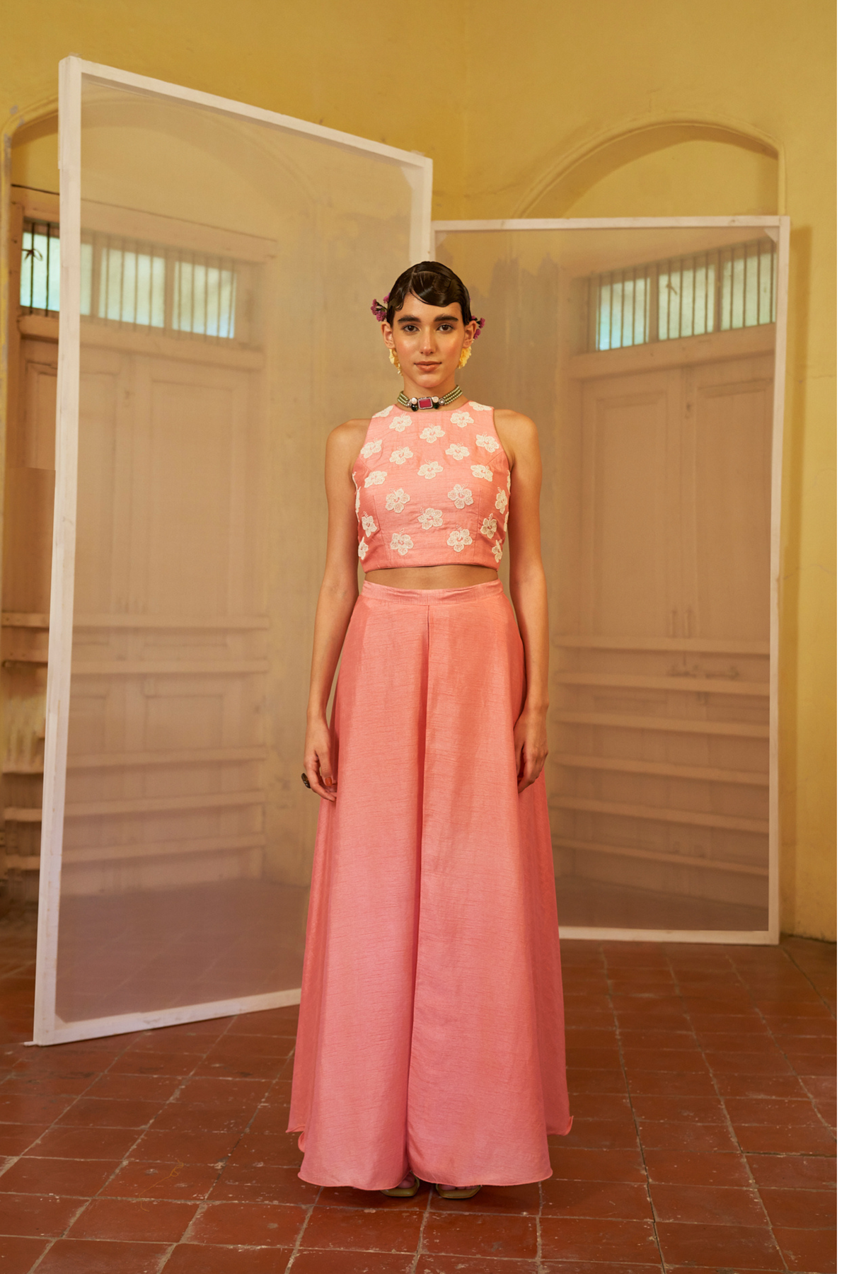 Pink Crop Top Palazzo Set