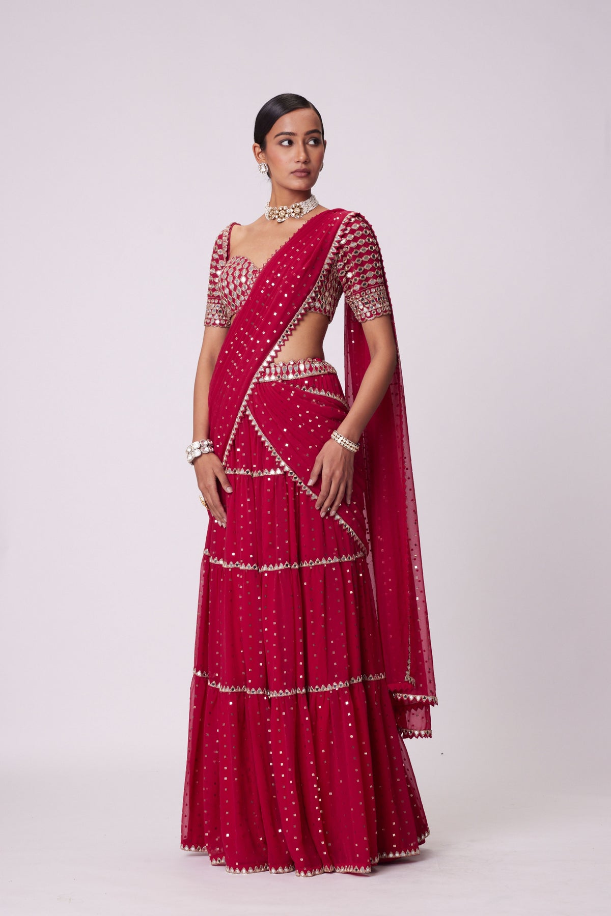 Crimson Red Multitier Saree Set