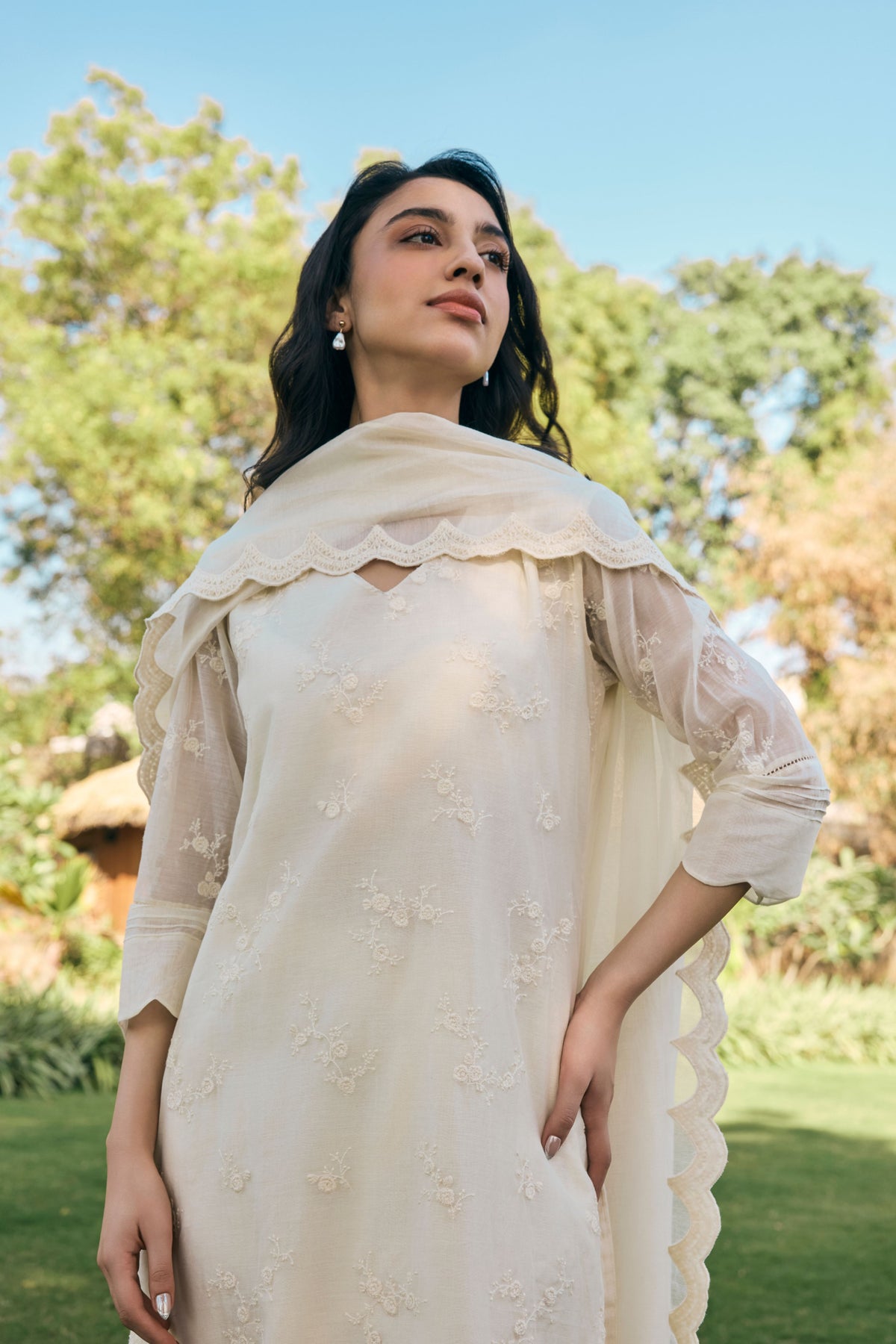 Ecru Embroidered Kurta Set