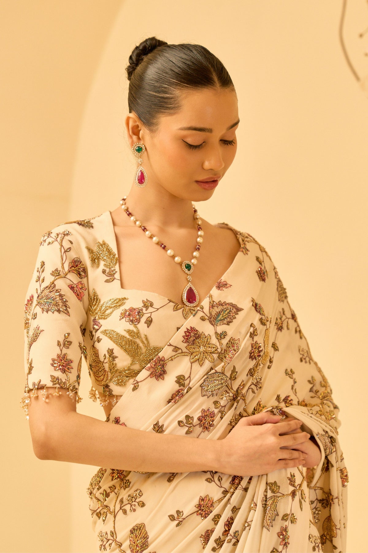 Ivory Floral Saree Set