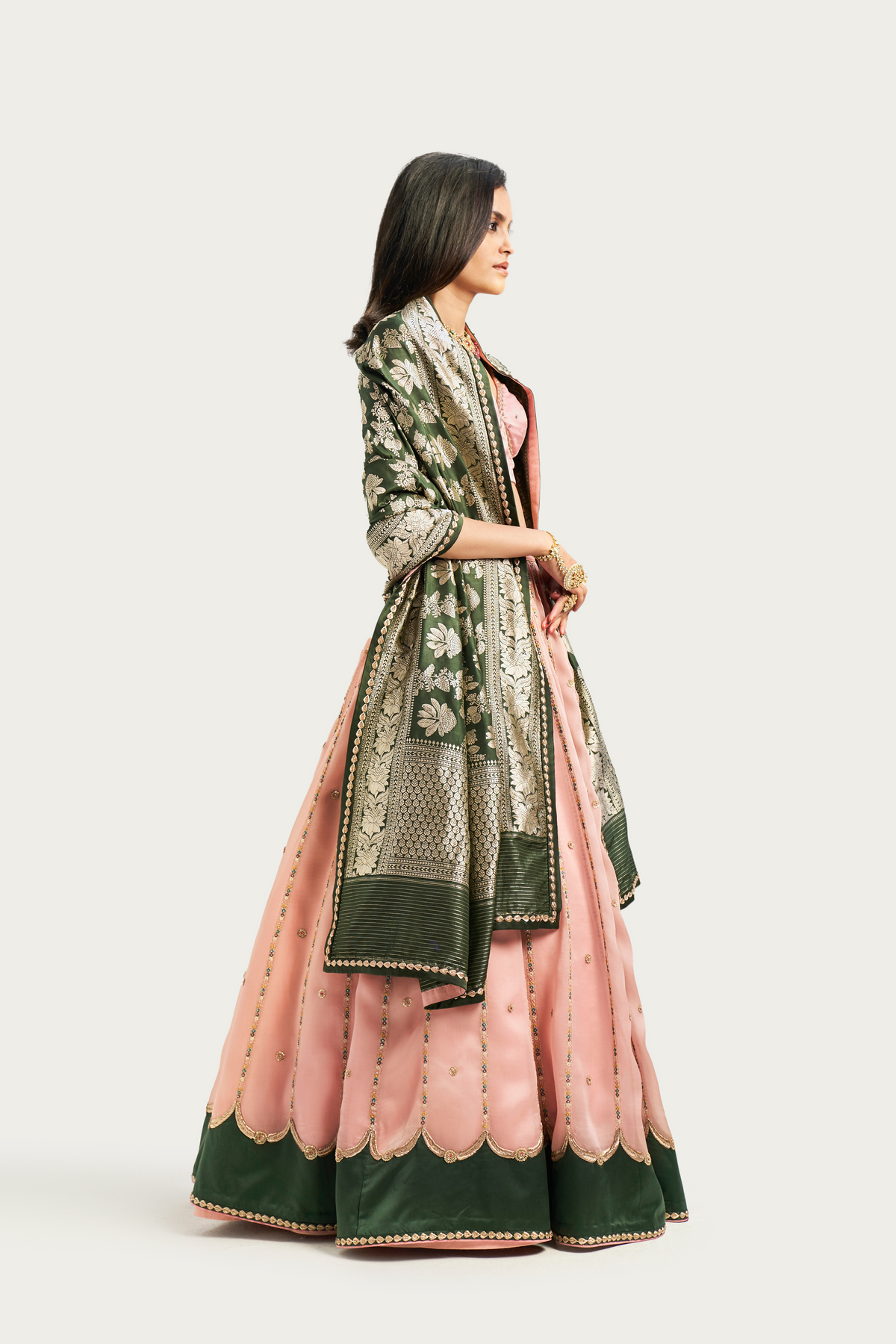 Firdaus pale pink olive lehenga set