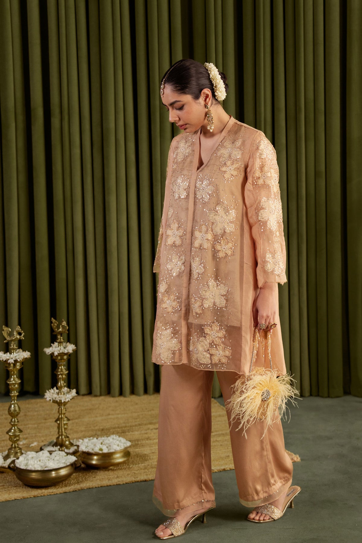 Golden Beige Floral Kurta Set