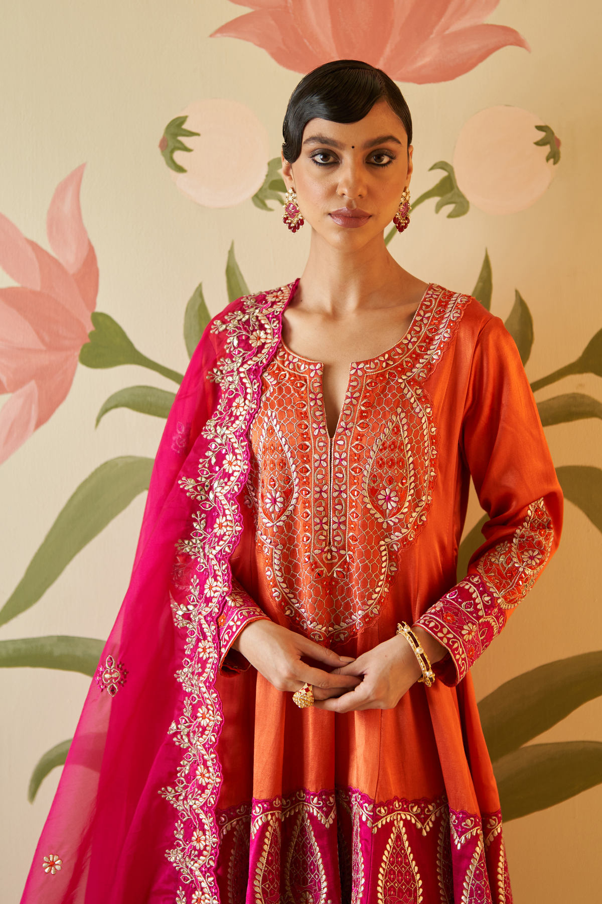 Orange Satin Silk Anarkali Set