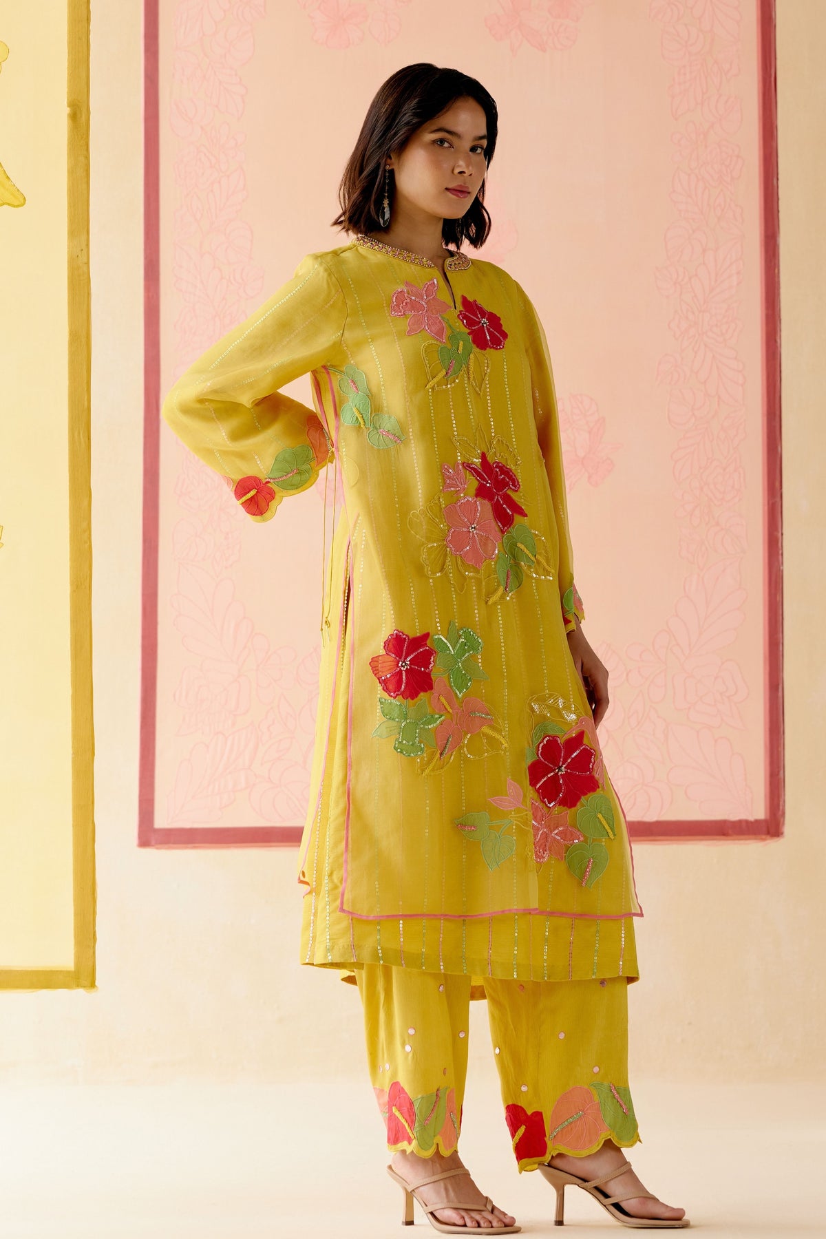 Mustard Floral Applique Kurta Set
