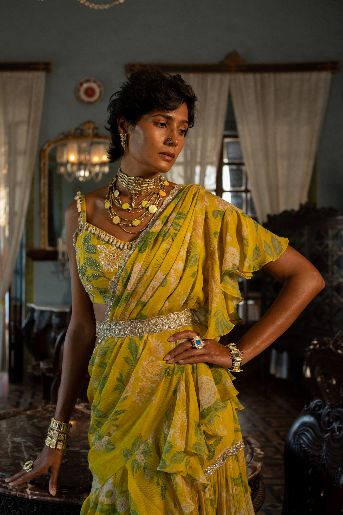 Yellow Mint Ruffle Sari Set
