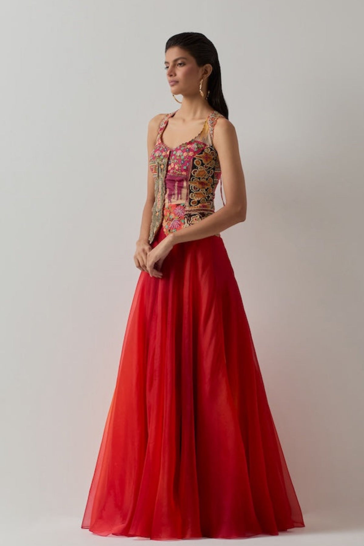 Multi Corset and Red Skirt
