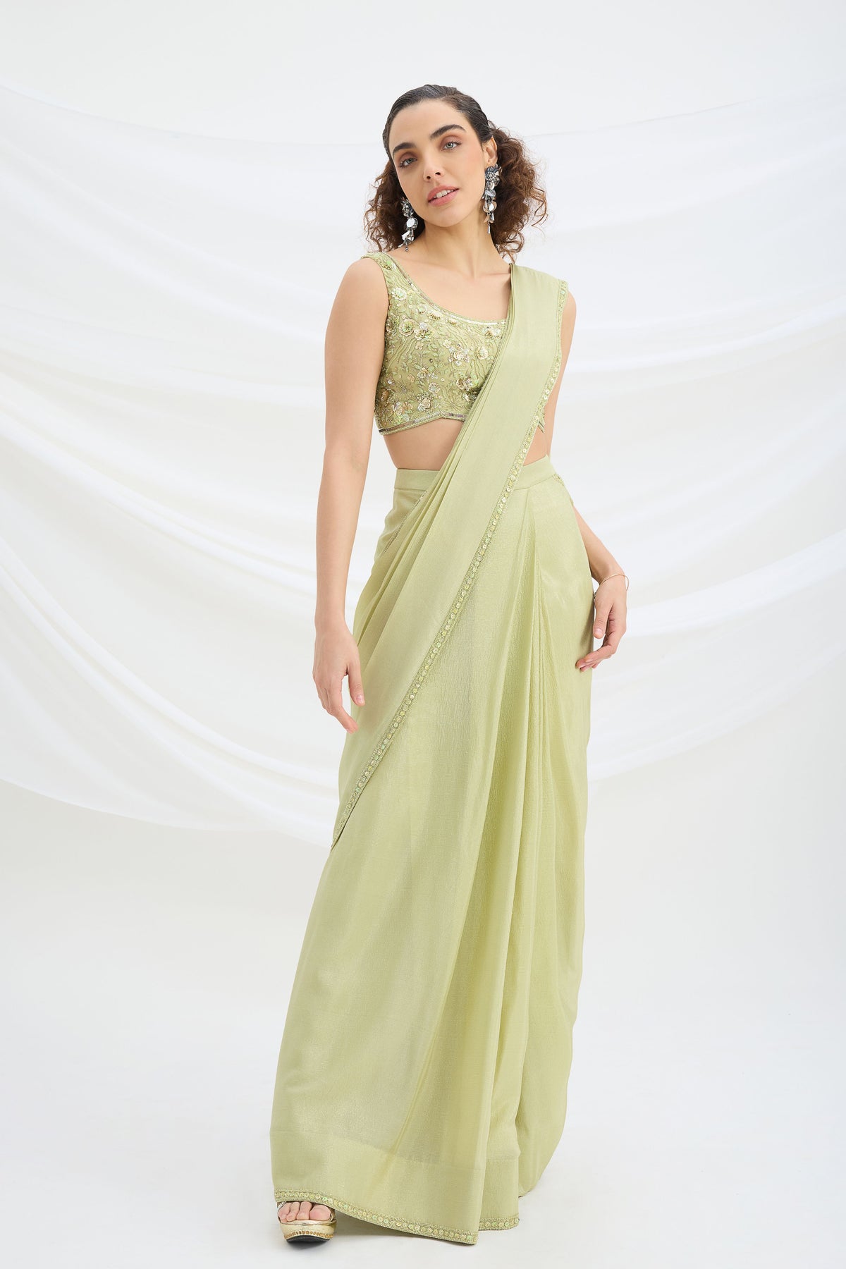 Sage Green Drape Saree Set