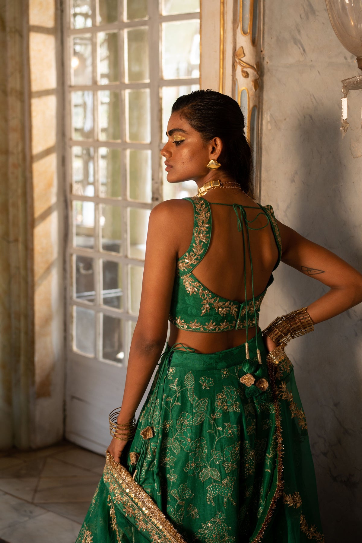 Green Self Woven Lehenga Set