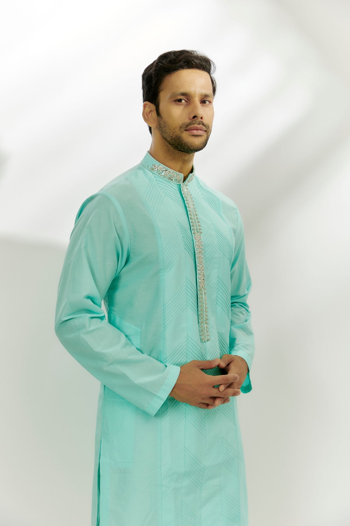 Cyan Blue Cotton Silk Embroidered Kurta
