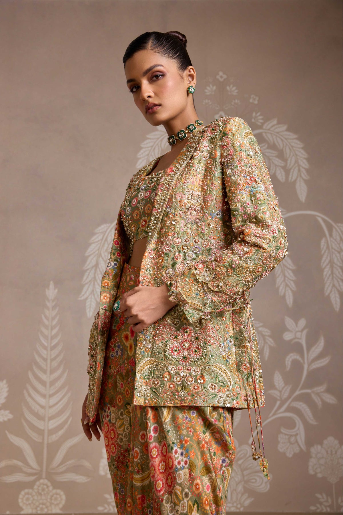 Olive Green Print Jacket Set