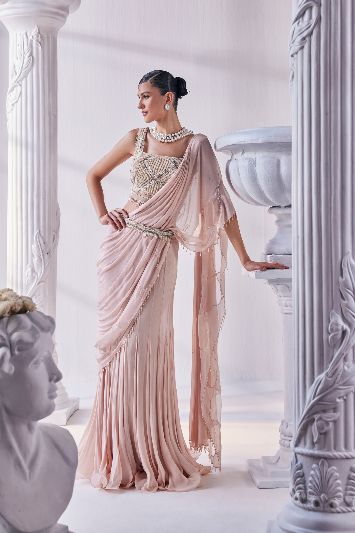 Peach Chiffon Drape Saree Set