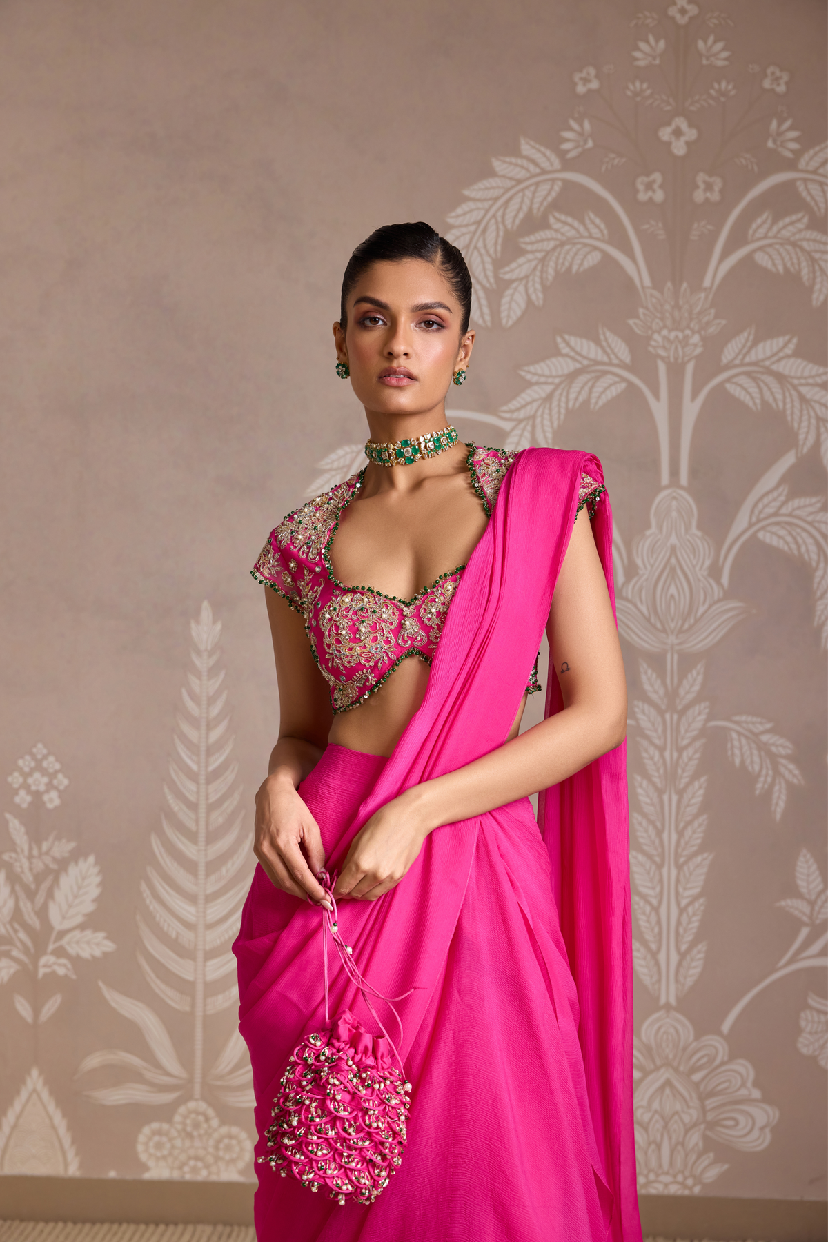 Bright Fucshia Drape Saree Set