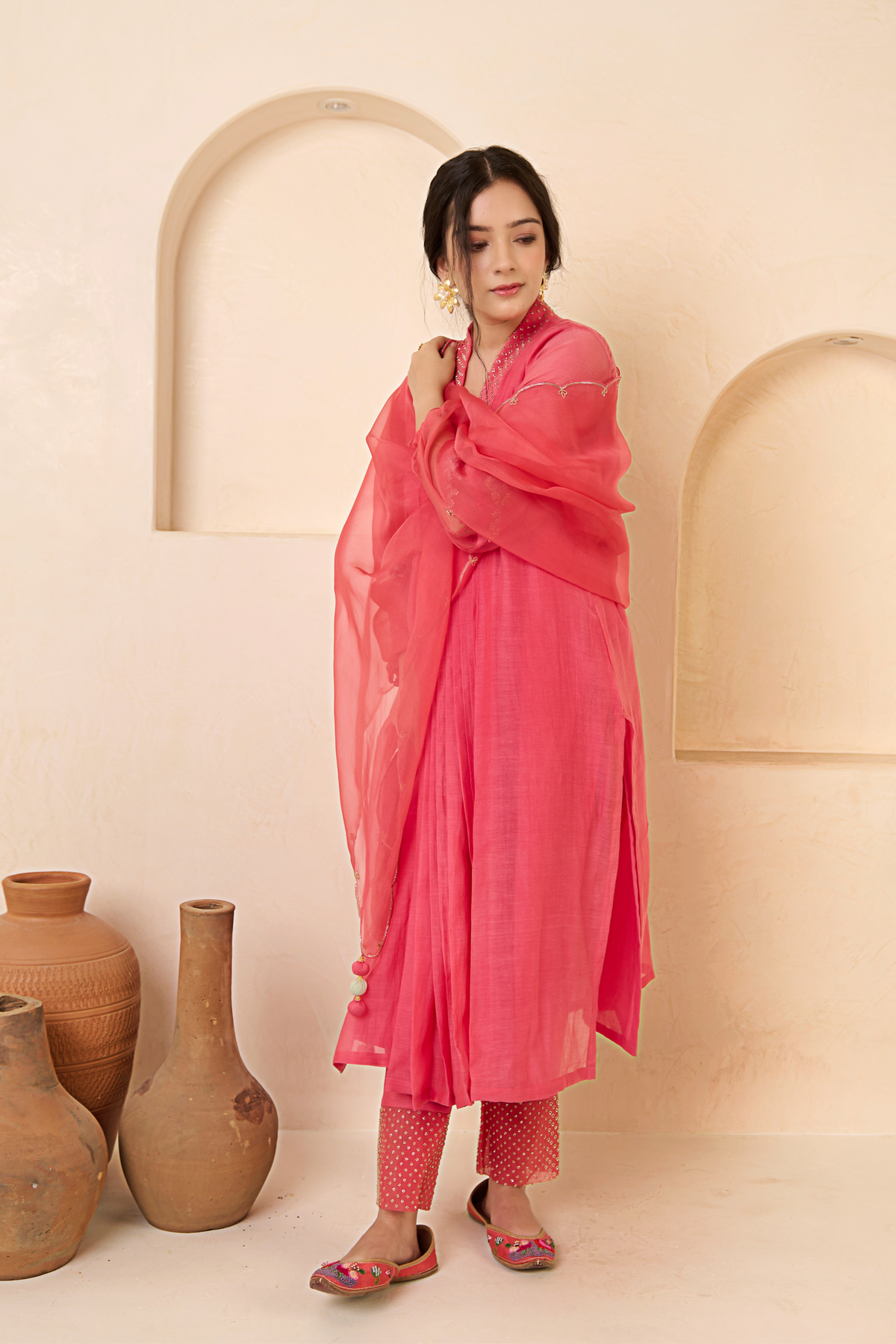 Rose Pink V-neck Kurta Set