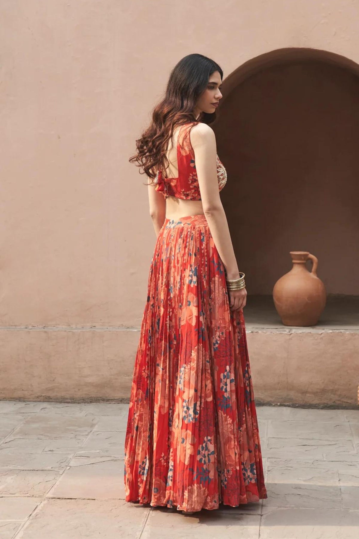 Red Moroccan Pleated Skirt Set