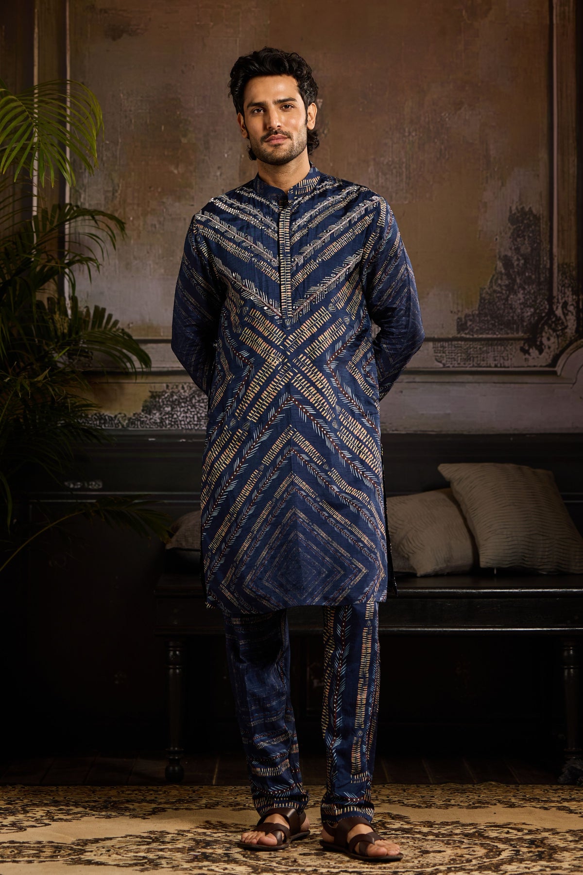 Blue Chevron Print Kurta Set