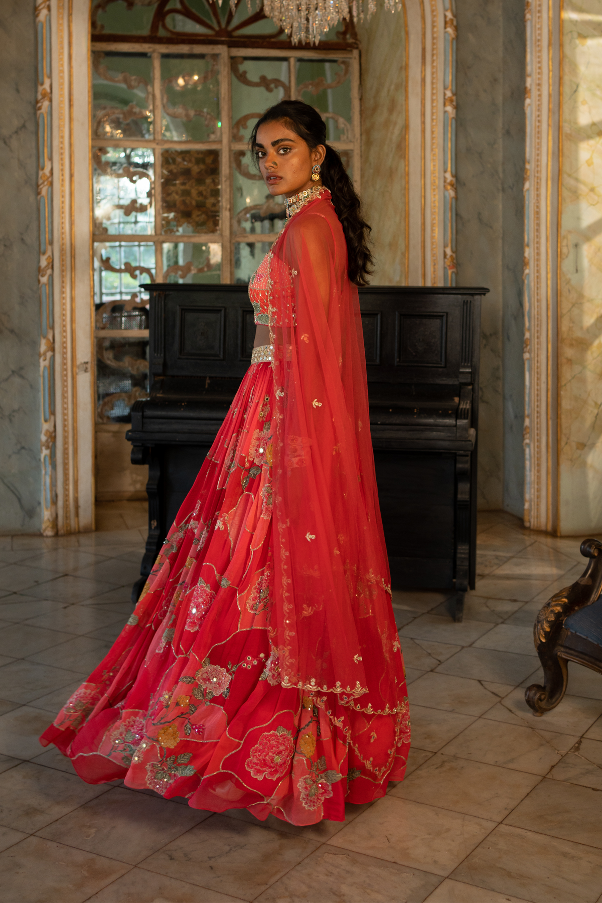 Red Nakhsa Printed Lehenga Set