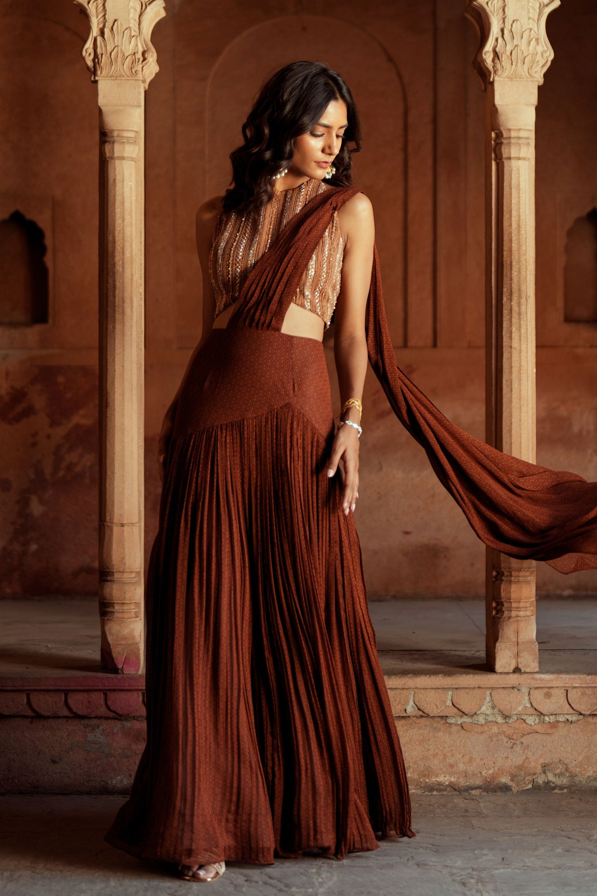 Brown Pre Stitch Drape Saree Set