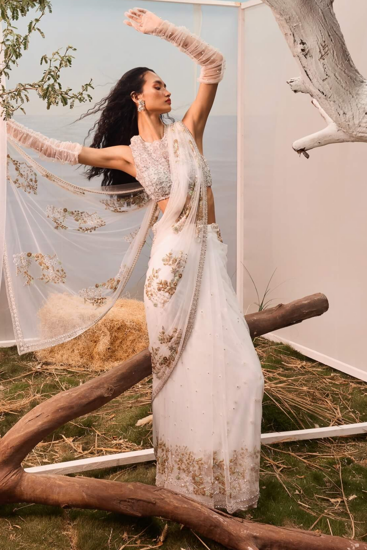 White Pre-stitched Saree Set