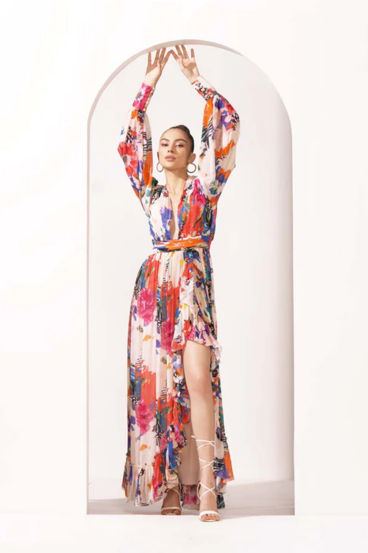 Red And Ivory Garden Printed Chiffon
