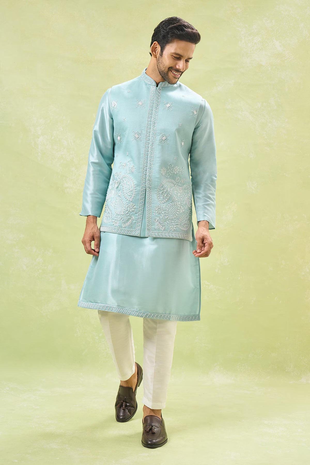 Blue Embroidered  Nehru Jacket Set