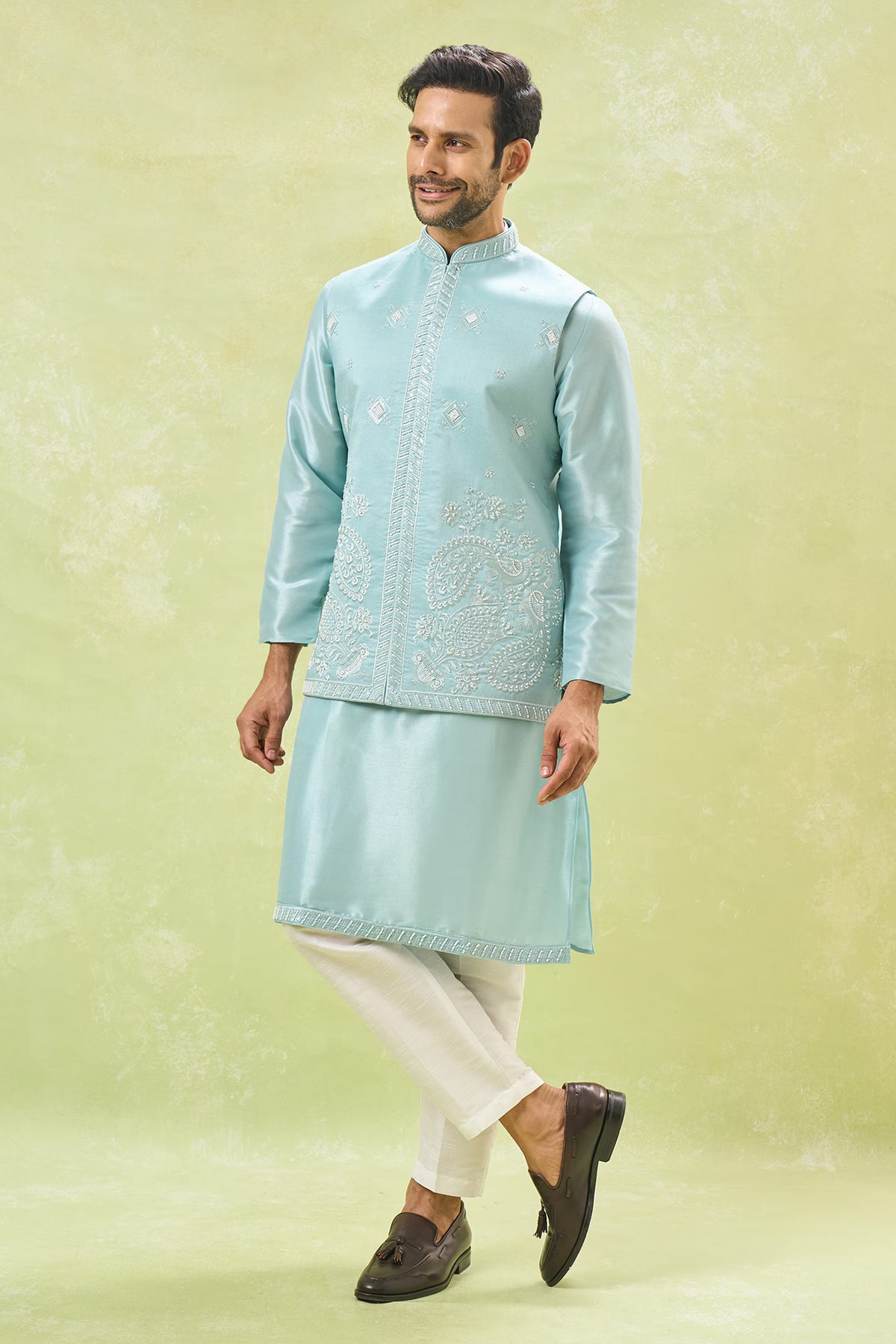 Blue Embroidered  Nehru Jacket Set