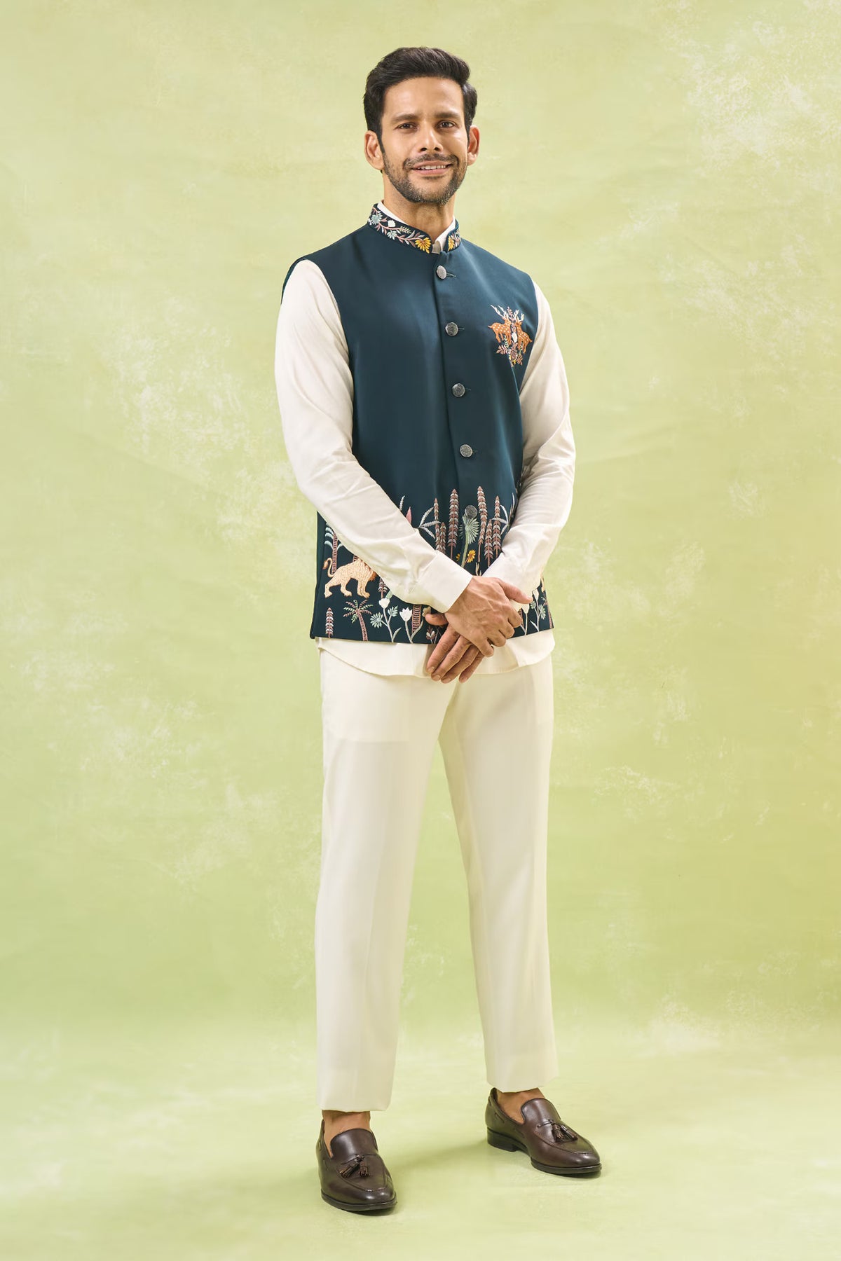 Green Embroidered Nehru Jacket