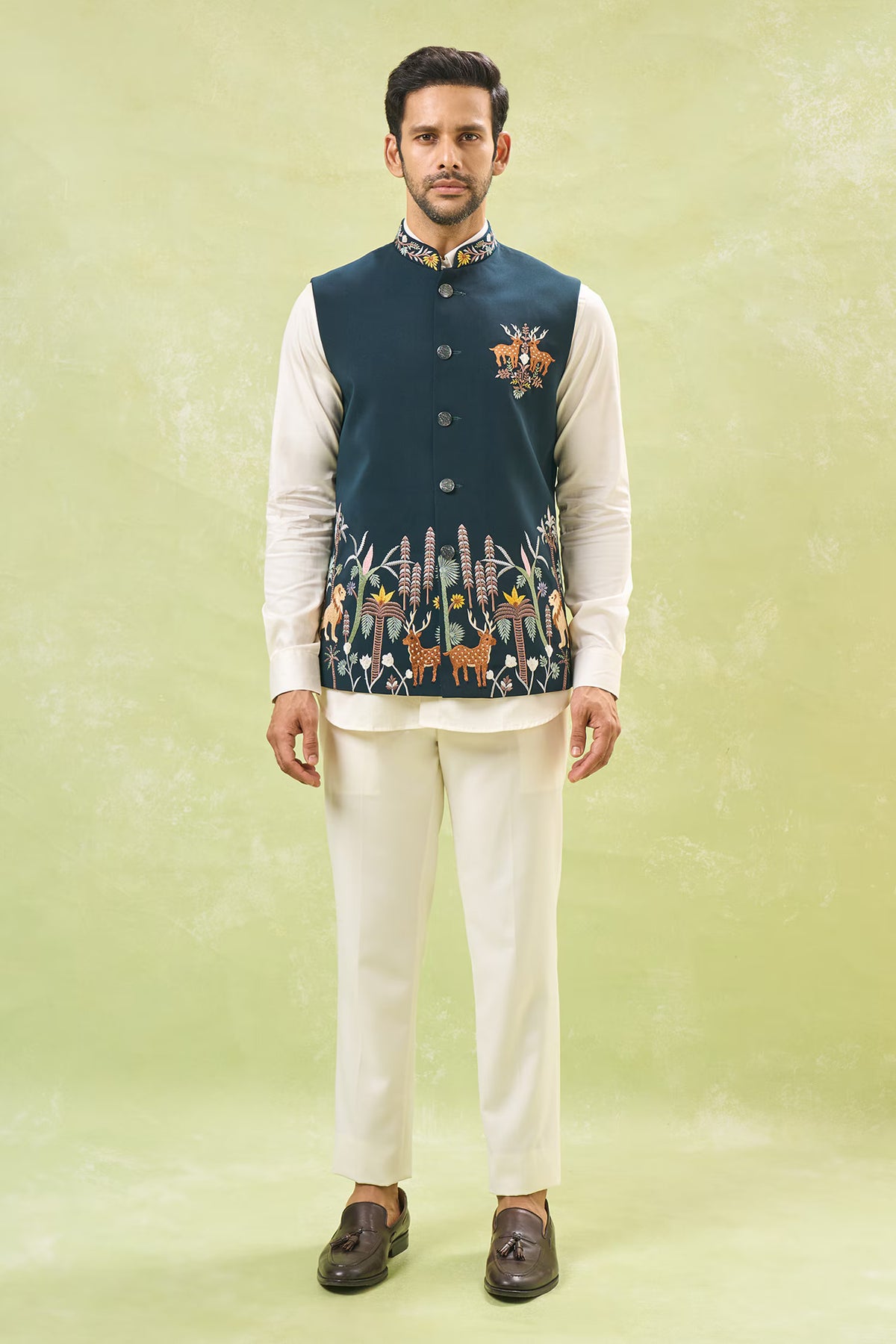 Green Embroidered Nehru Jacket
