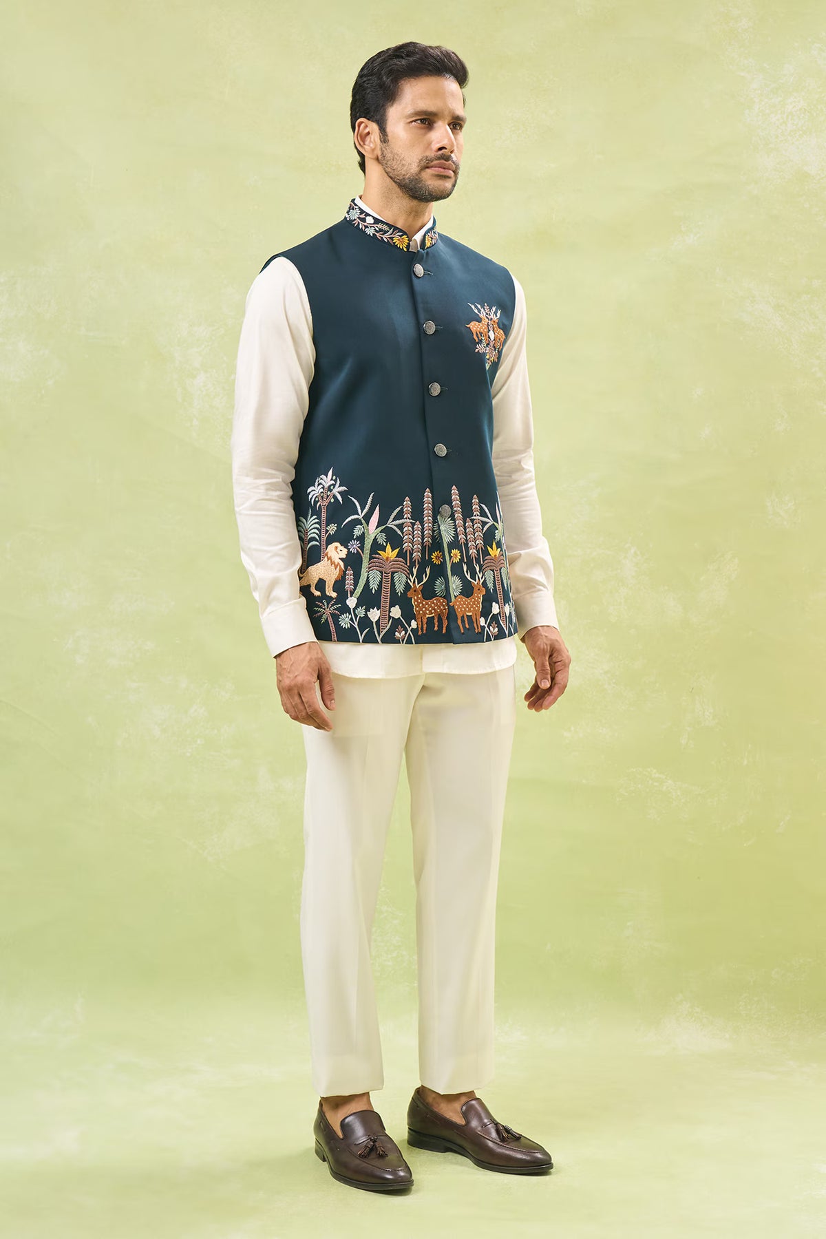 Green Embroidered Nehru Jacket