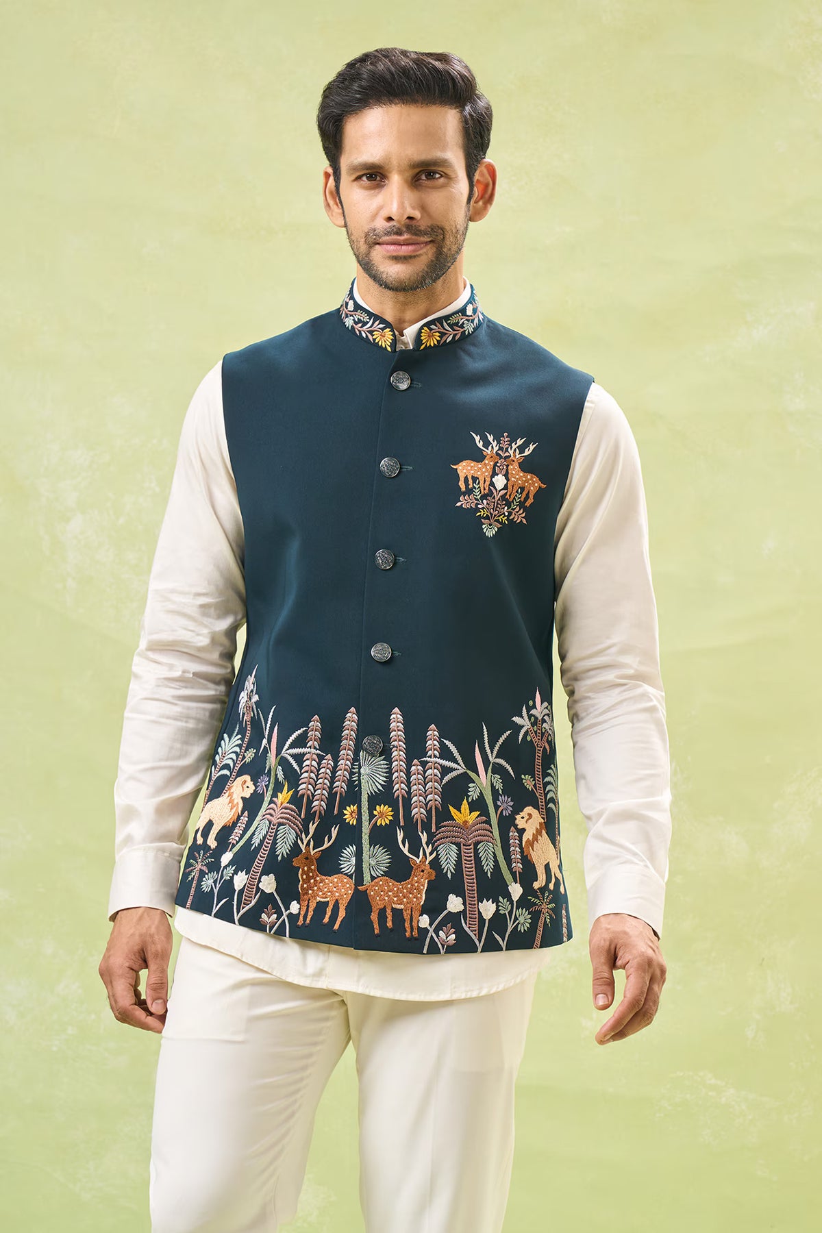 Green Embroidered Nehru Jacket