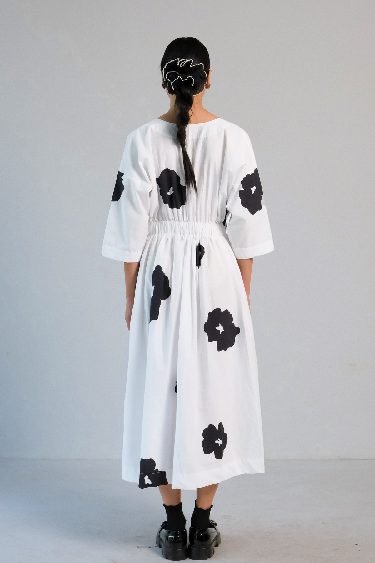 White Black Poppy Belt Dress