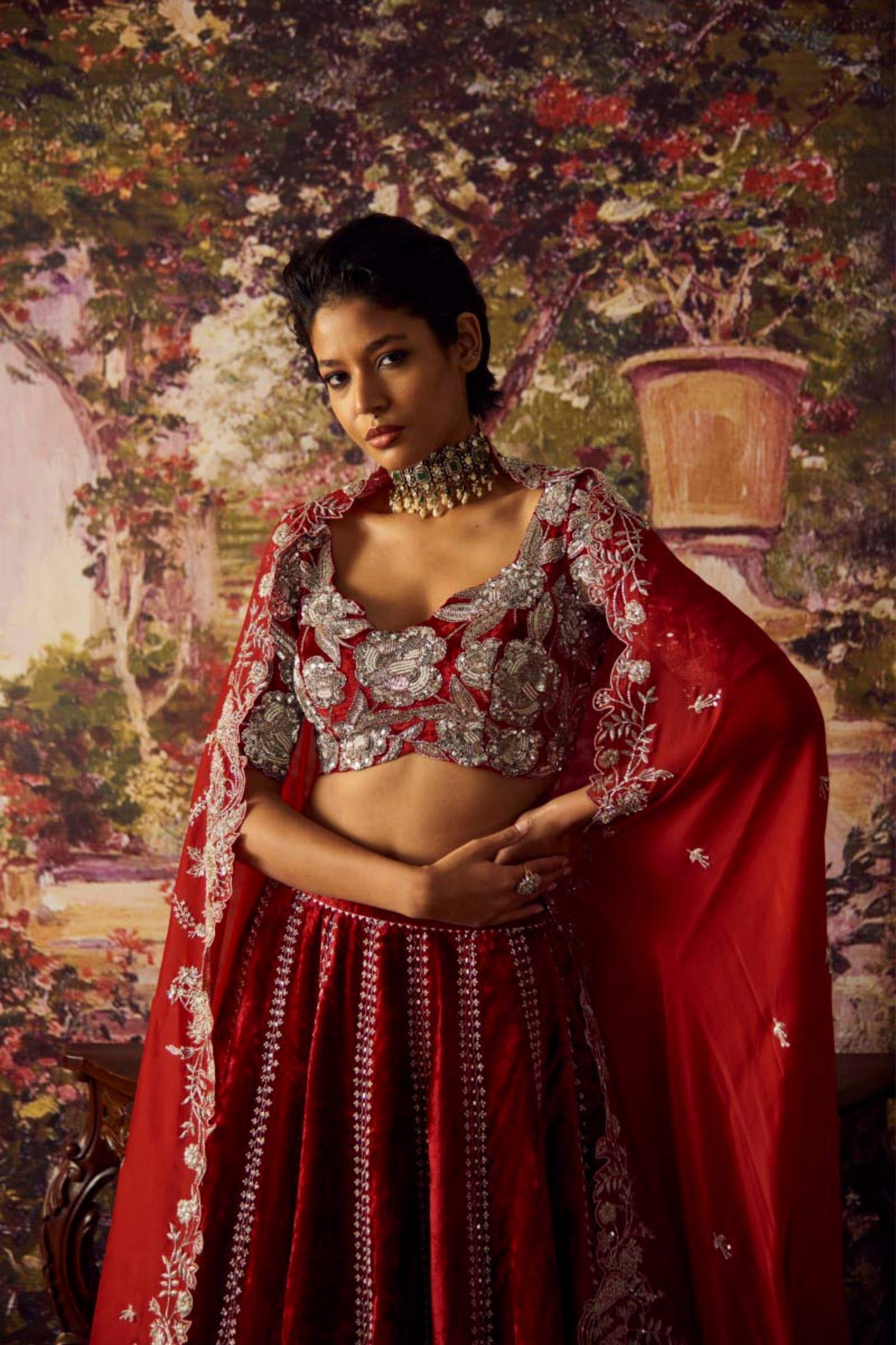 Red Velvet Butterfly Lehenga Set