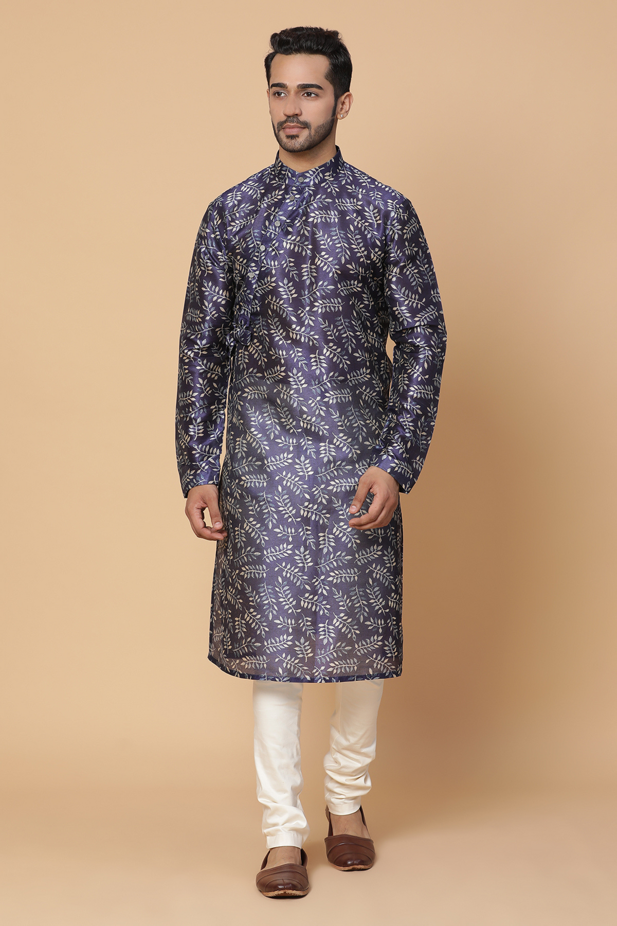 Blue side knot silk kurta