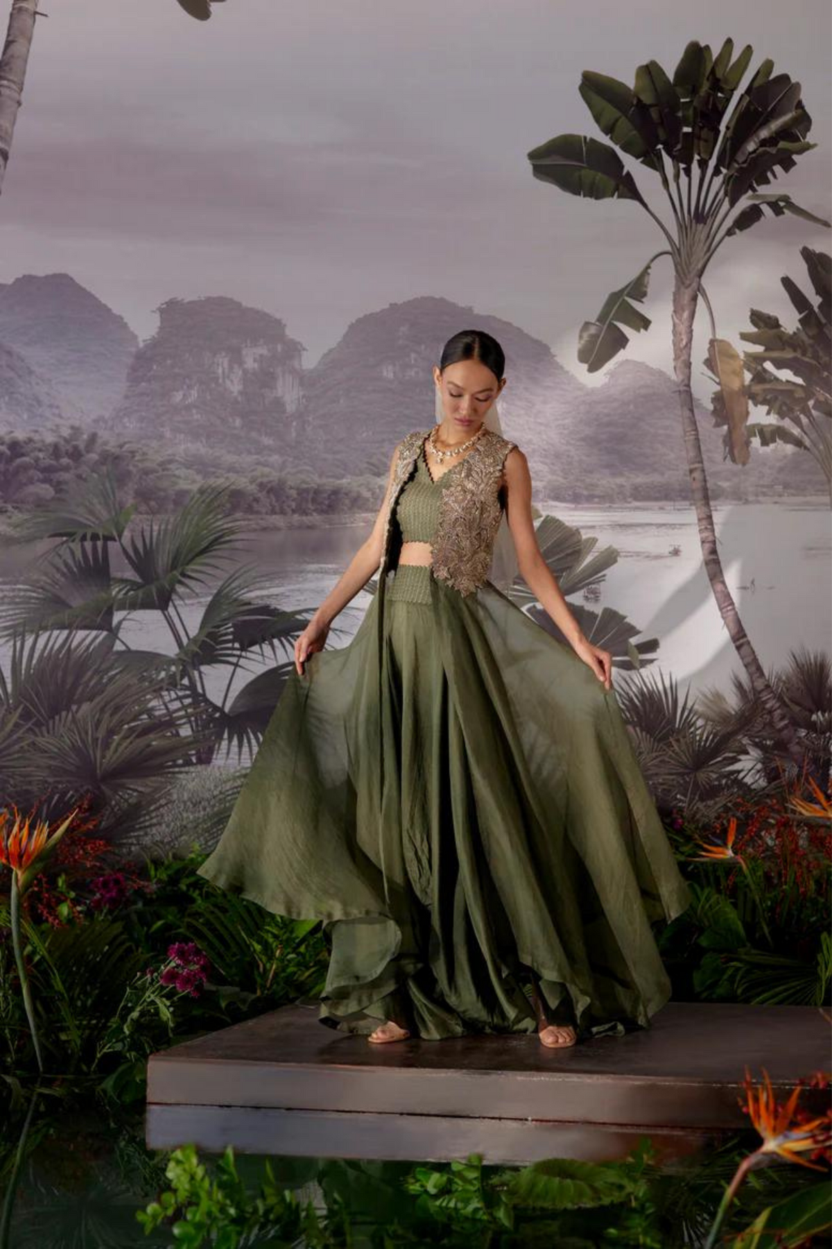 Mahi Olive Green Jacket Set
