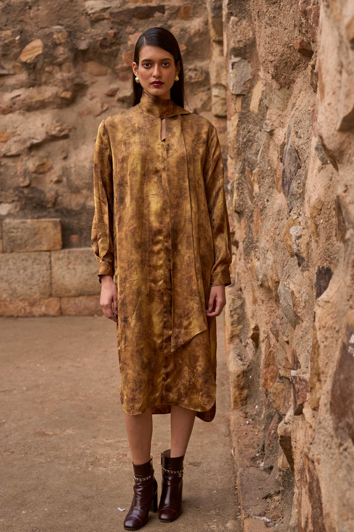 Mustard Neck Scarf Dress