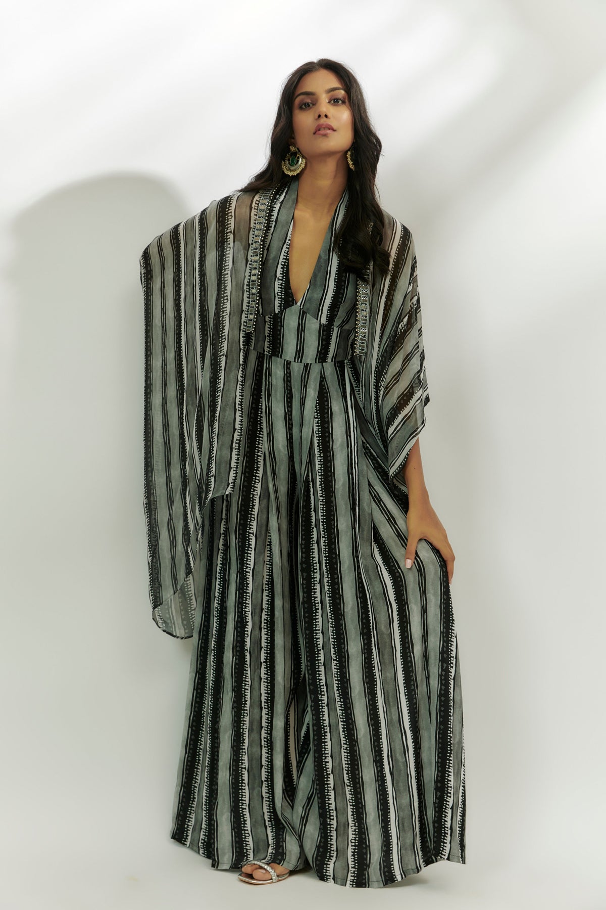 Black Stripes Printed Jumpsuit With Cape
