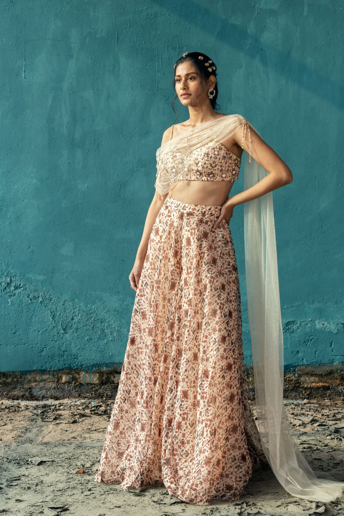 Ivory Sharara Set With Drape