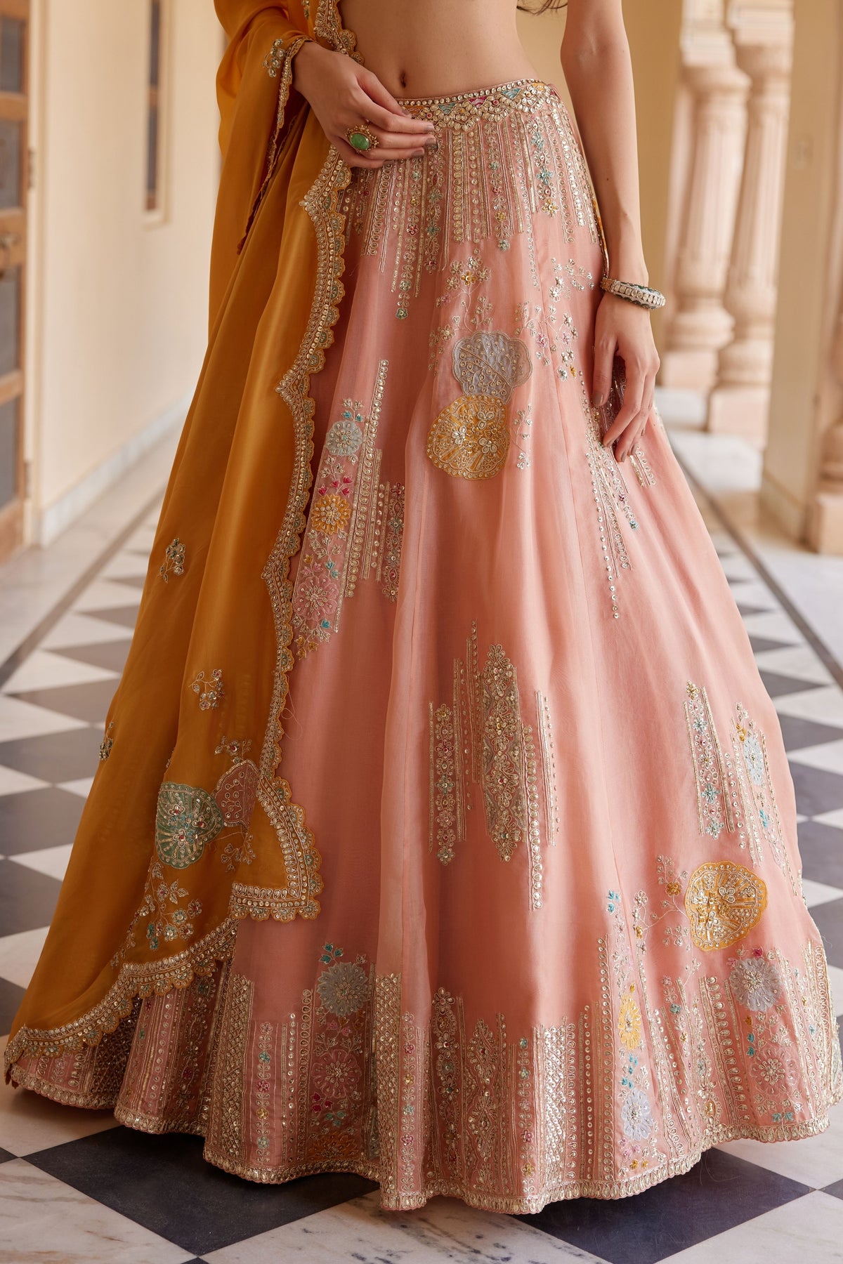 Salmon Peach Embroidered Lehenga Set