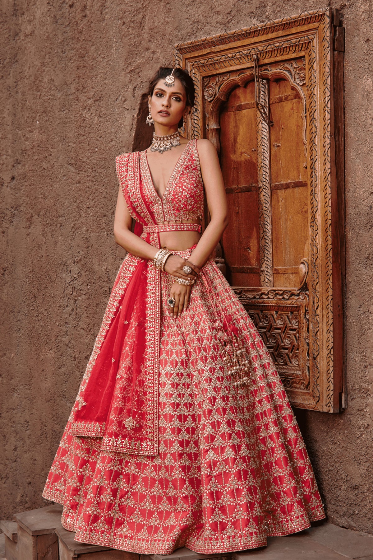 Coral Raw Silk Lehenga Set Gota Work