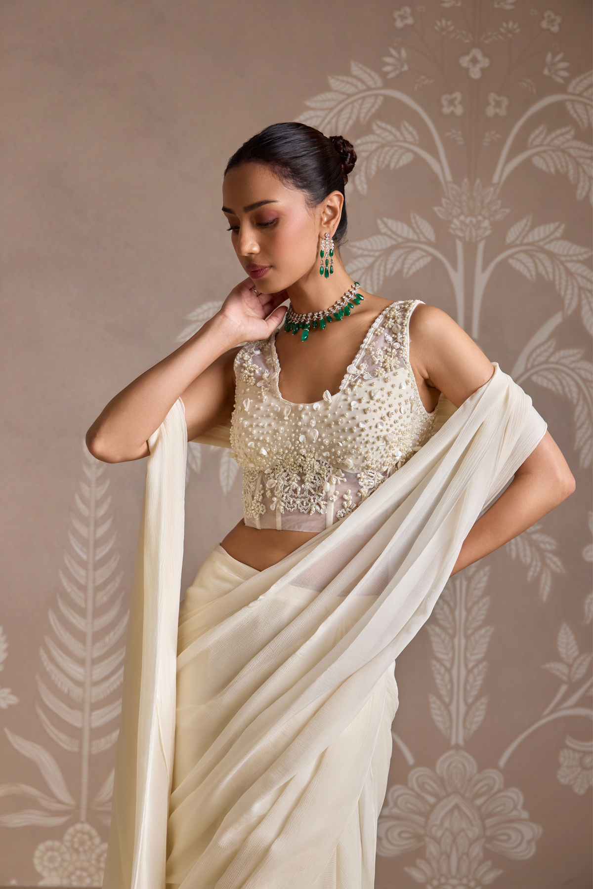Ivory Embroidered Drape Saree Set