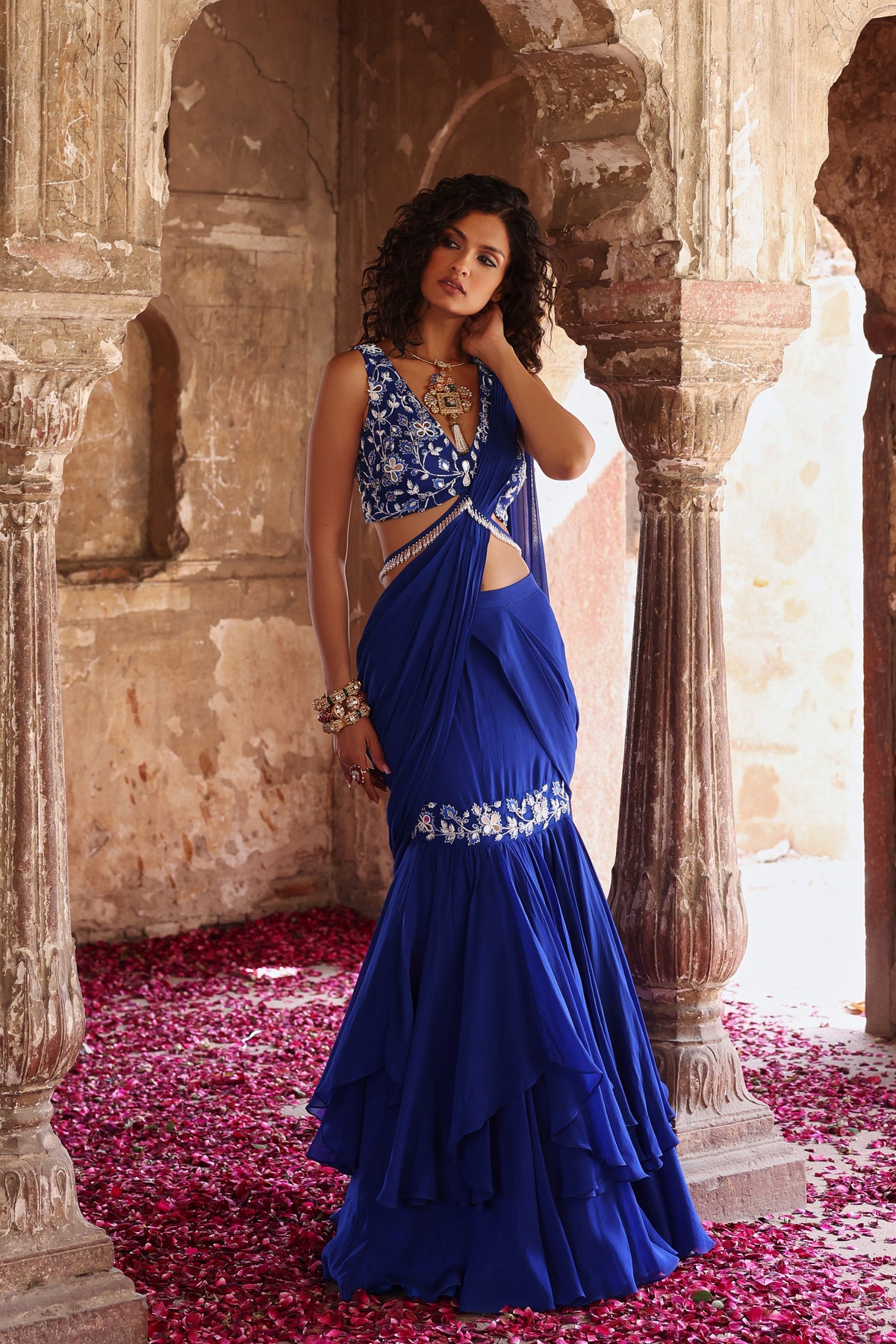 Ayesha Asymmetric Pre-Stitched Saree in Electric Blue