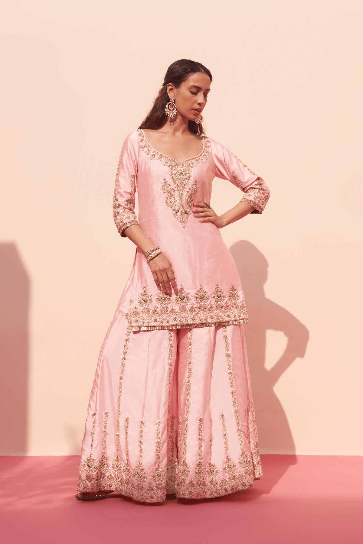 Pink Raw Silk Sharara Set